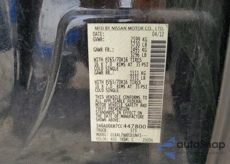 2012 Nissan Frontier S z USA, uszkodzony, nr VIN 1N6AD0ER7CC447800